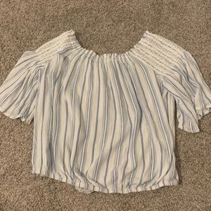 off the shoulder blue and white top